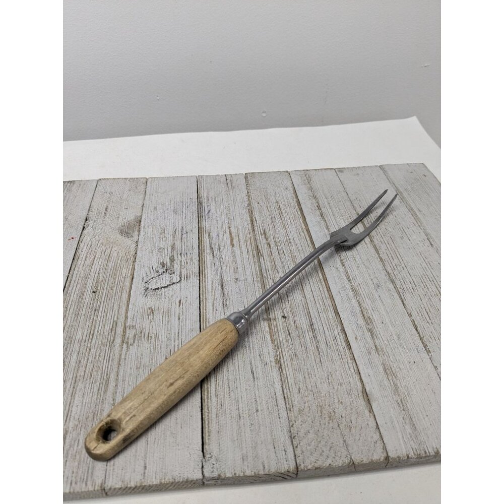 Vintage EKCO Eterna Meat Utility Fork Tan Wood Handle 12 1/2" Stainless Steel